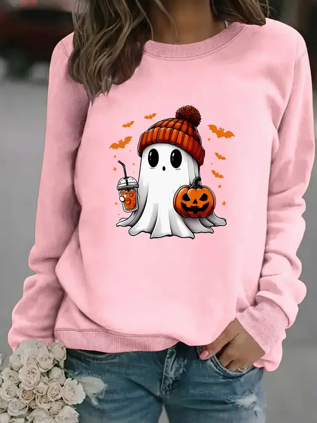 Crewneck Snowman Ghost Print Pullover Sweater Pink - Shop at LoveMi