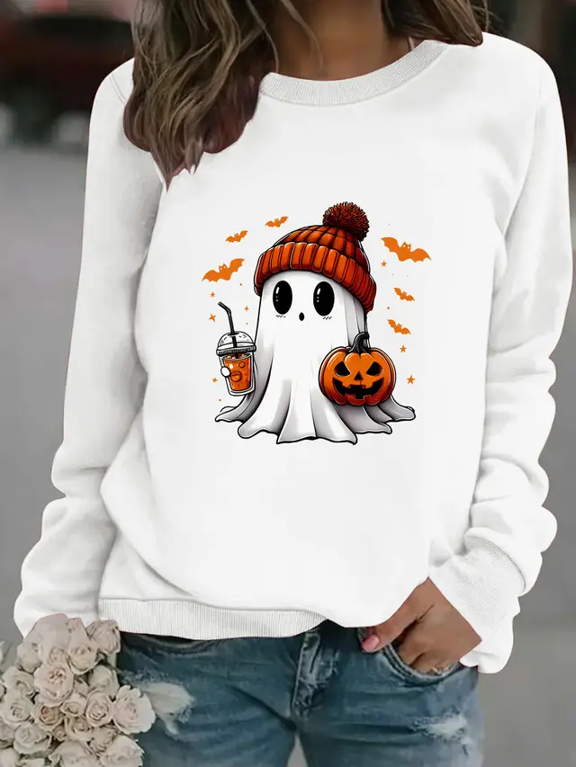 Crewneck Snowman Ghost Print Pullover Sweater White - Shop at LoveMi