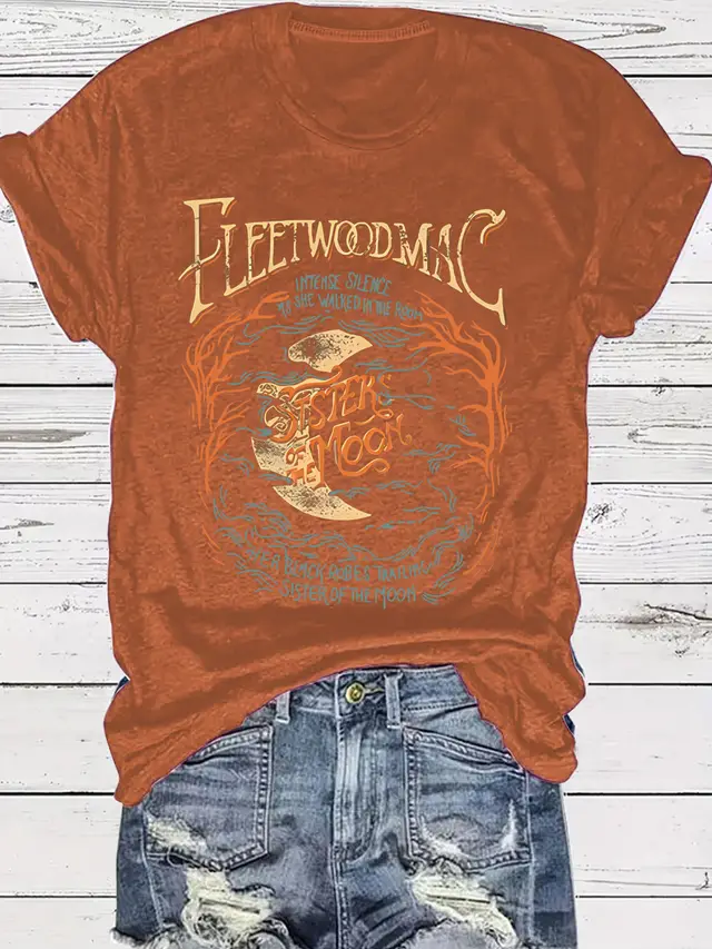 Women's Moon Theme Pattern Round Neck Short Sleeve Rust Red - Shop at LoveMi
