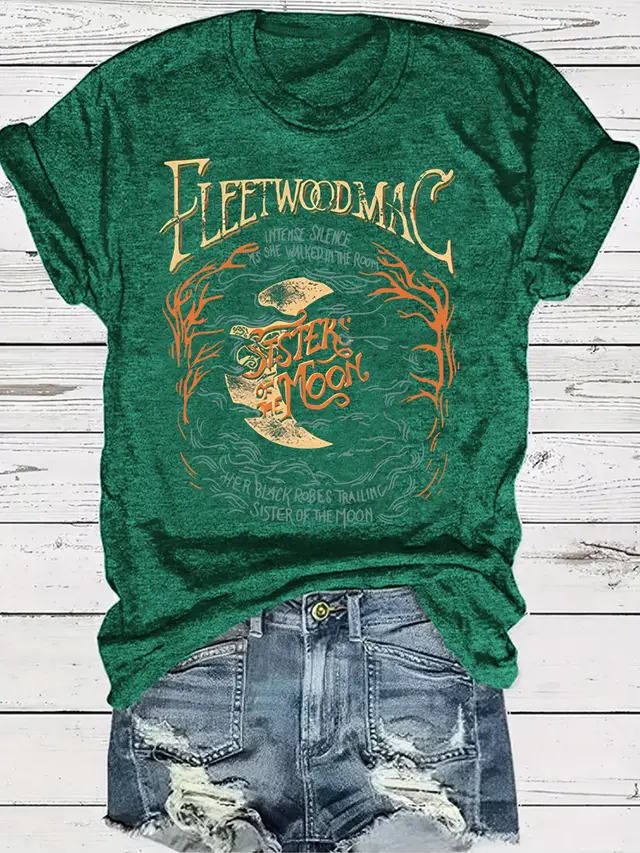 Women's Moon Theme Pattern Round Neck Short Sleeve Wheat Green - Shop at LoveMi