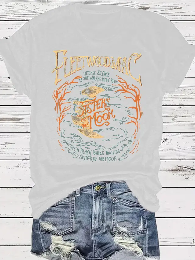 Women's Moon Theme Pattern Round Neck Short Sleeve White - Shop at LoveMi