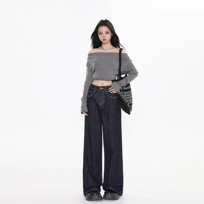 Women's Rhinestone Denim Blue Craft Jeans - Blue Lengthened
