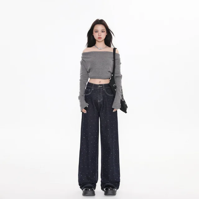 Women's Rhinestone Denim Blue Craft Jeans Blue Lengthened - Shop at LoveMi