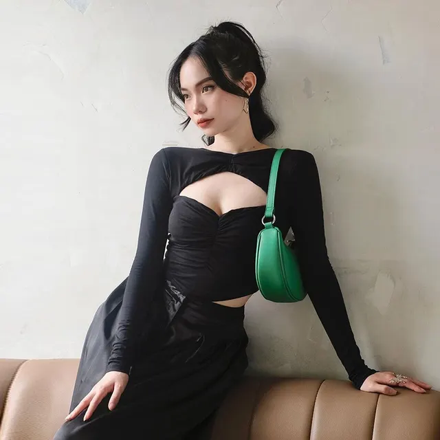 Women's Hollow Out Strap Long sleeved Top Bottoming Shirt Black - Shop at LoveMi