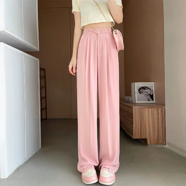 Suit Wide leg Pants Women's High Waist Baggy Straight Trousers Pink - Shop at LoveMi