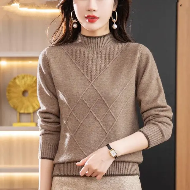 Women's Half Turtleneck Solid Color Sweater Khaki Camel - Shop at LoveMi
