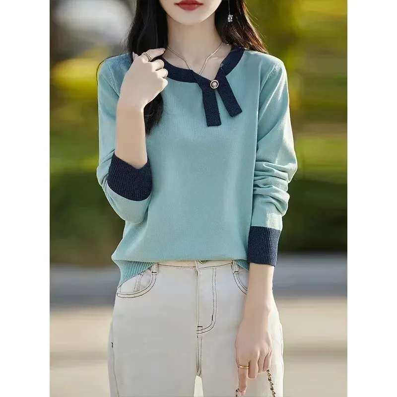 Women's Temperament Crew Neck Pullover Long sleeved T shirt Picture Color S - Shop at LoveMi