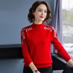 Knitted Pullover Sweater Female Loose Mock Neck - Red
