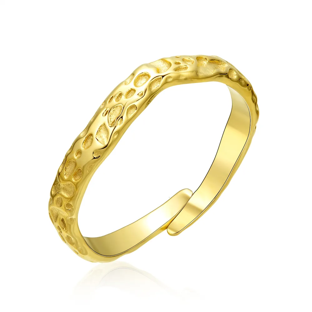 Retro Titanium Steel Open-ended Bracelet 18K Gold Non-fading Stainless Steel High-grade Irregular Pattern Ring - Gold Ring