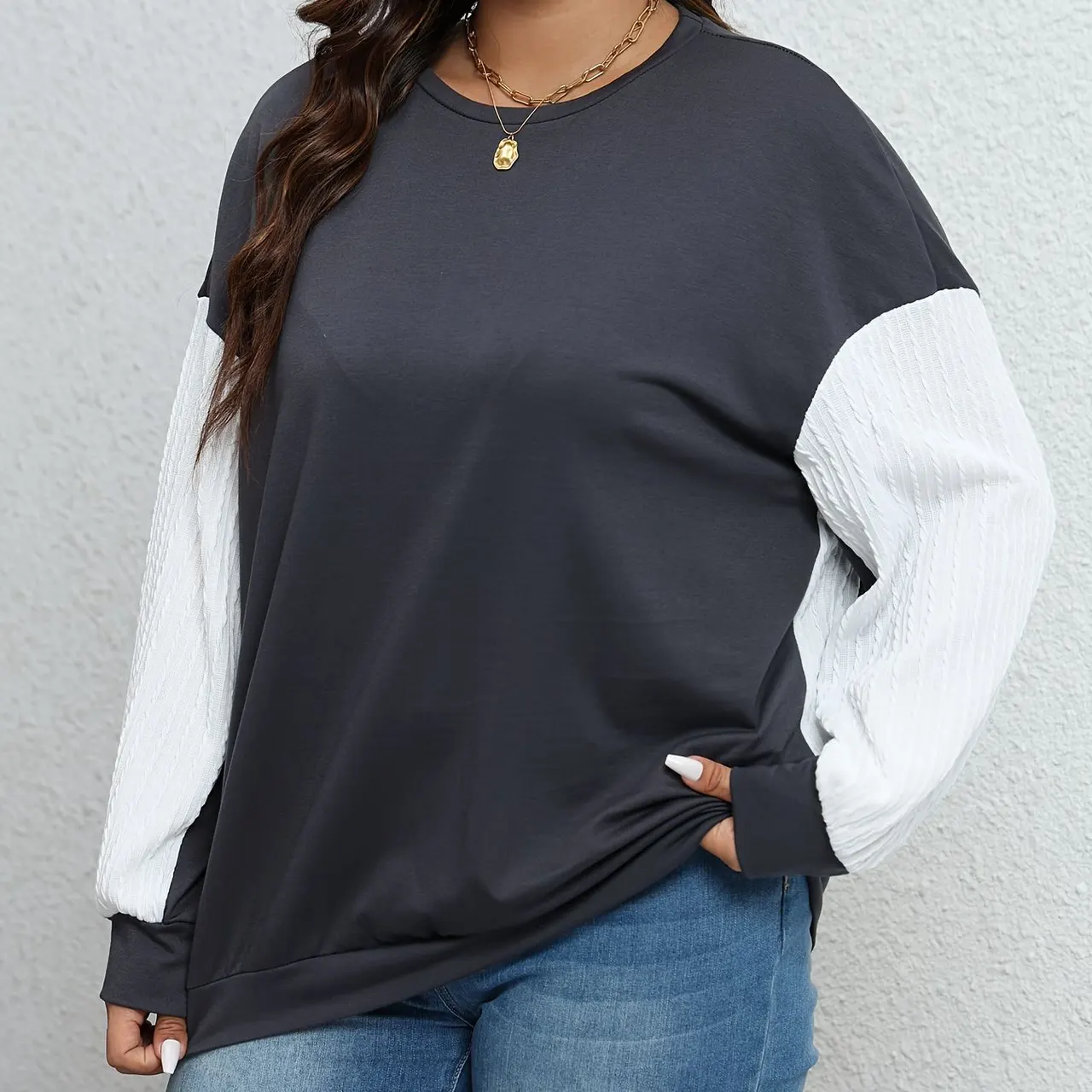Comfortable Casual And Versatile Plus Size Contrast Color Sweatshirt - Gray