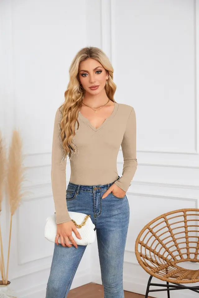 Women's Hot Sunken Stripe Deep U Crisscross Neckline Long sleeved T shirt Top Apricot - Shop at LoveMi
