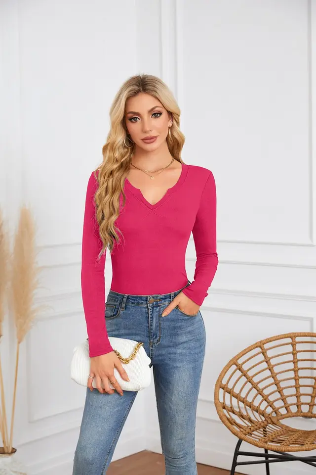 Women's Hot Sunken Stripe Deep U Crisscross Neckline Long sleeved T shirt Top Rose Red - Shop at LoveMi