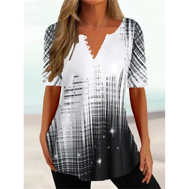 Women's Digital Printed V neck Button Short sleeved Top Trm07 - Shop at LoveMi