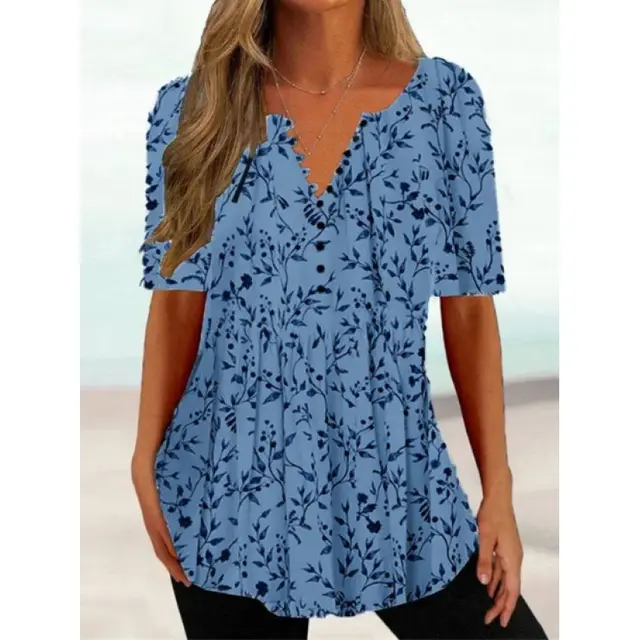 Women's Digital Printed V neck Button Short sleeved Top Trm15 - Shop at LoveMi