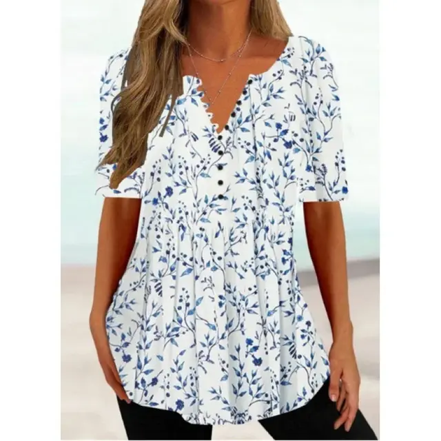 Women's Digital Printed V neck Button Short sleeved Top Trm16 - Shop at LoveMi