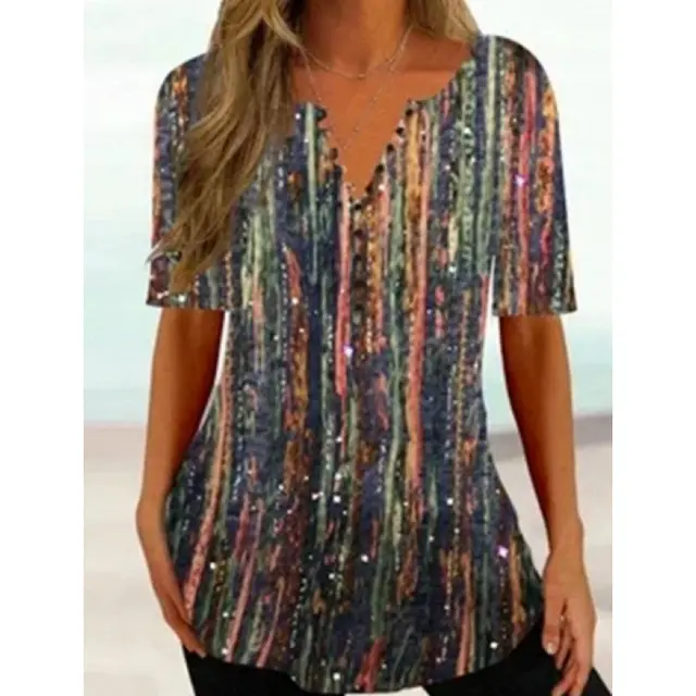 Women's Digital Printed V neck Button Short sleeved Top Trm20 - Shop at LoveMi