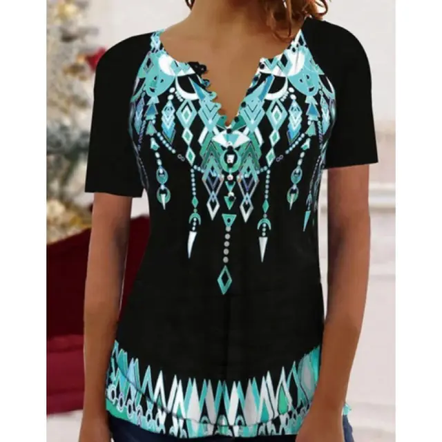Women's Digital Printed V neck Button Short sleeved Top Trm21 - Shop at LoveMi