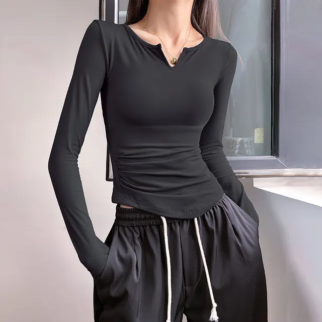 Yoga Clothes Solid Color Simple V neck Tight fitting Cinched Workout Top Black - Shop at LoveMi