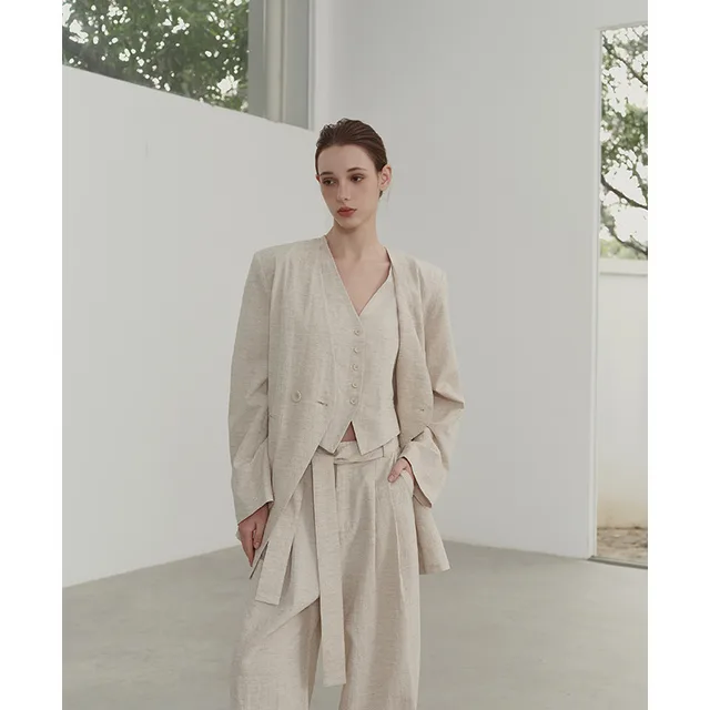 Women's Collarless Cotton And Linen Suit Baggy Coat Apricot - Shop at LoveMi