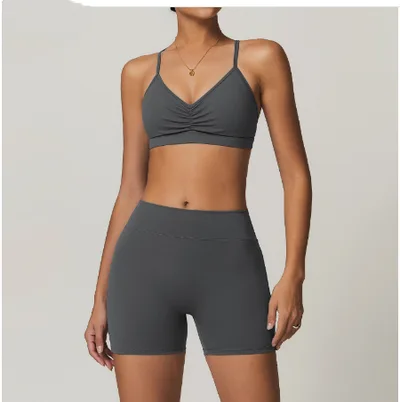 Beauty Back Yoga Clothes Suit Cargo Pocket Sports Suit High Waist Hip Lift Workout Clothes Cinerite L Bra+Shorts - Shop at LoveMi