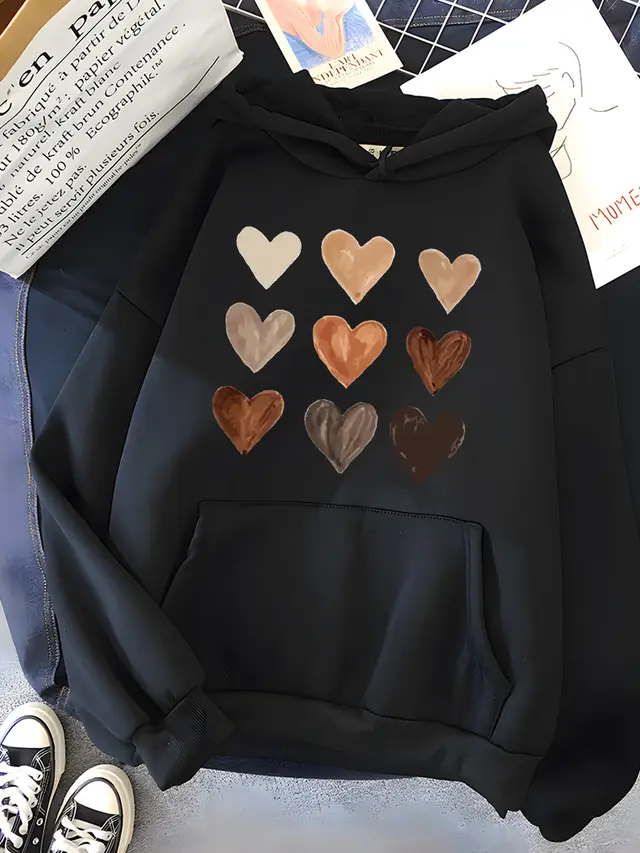 Gradient Heart shaped Kangaroo Pocket Printed Hoodie Black - Shop at LoveMi