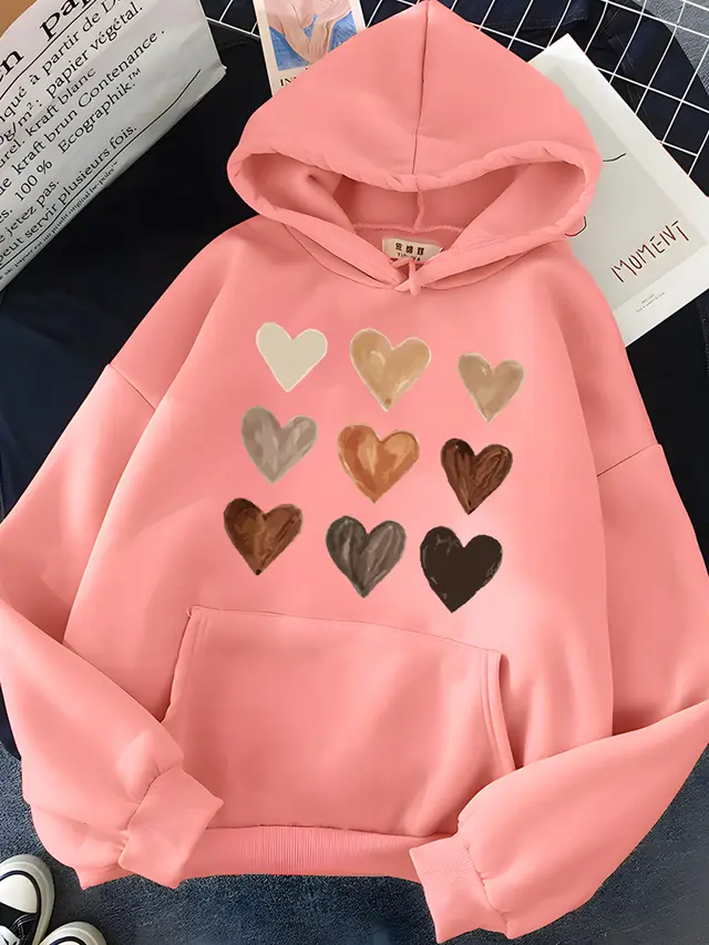 Gradient Heart shaped Kangaroo Pocket Printed Hoodie Pink - Shop at LoveMi