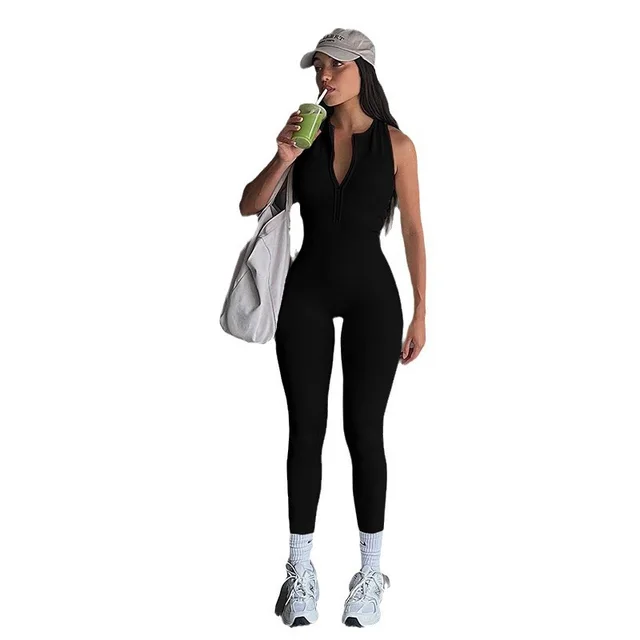 Fashion Sports Women's Solid Color Yoga Tight Sleeveless Jumpsuit Black - Shop at LoveMi