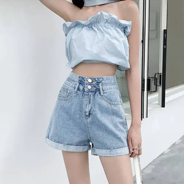 Curling Denim Shorts Women's Summer Loose High Waist Double Buckle Light Blue - Shop at LoveMi