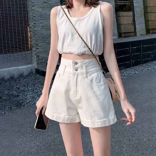 Curling Denim Shorts Women's Summer Loose High Waist Double Buckle White - Shop at LoveMi