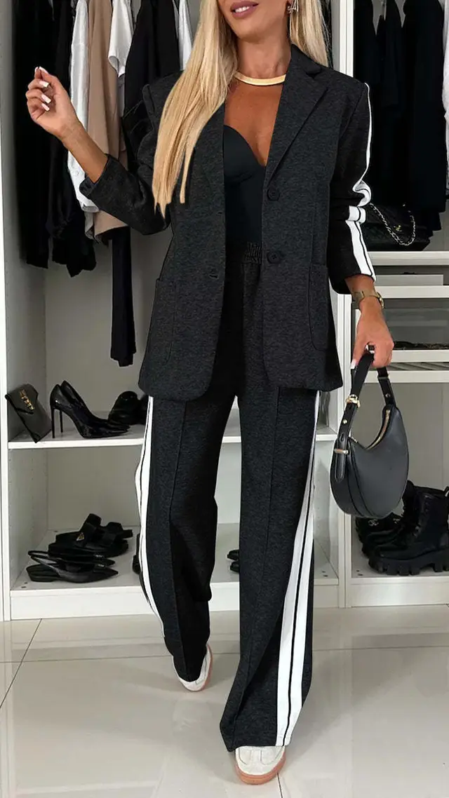 Women's Casual Suit Lapel Single breasted Jacket And Striped Straight Pants Fashion Sports Trousers Suit Outerwears Clothing Black - Shop at LoveMi