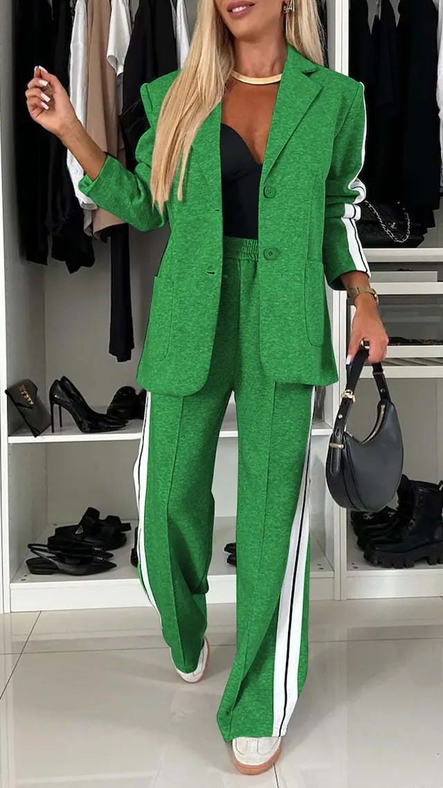 Women's Casual Suit Lapel Single breasted Jacket And Striped Straight Pants Fashion Sports Trousers Suit Outerwears Clothing Green - Shop at LoveMi