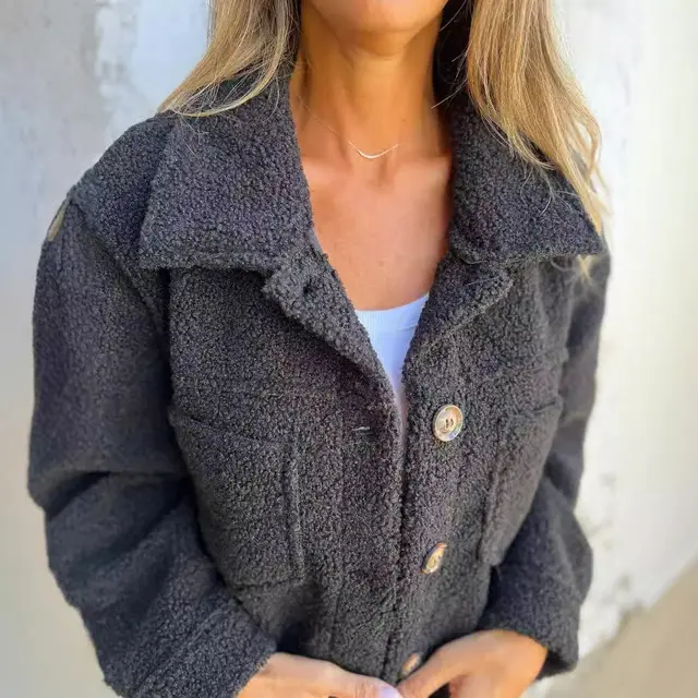 Women's Lamb Wool Coat Winter Lapel Single Breasted Jacket Outwear Warm Cropped Tops Clothing Black - Shop at LoveMi