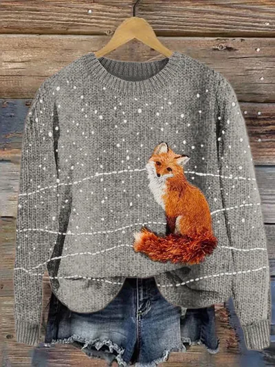 Thick Needle Fabric Printed Crew Neck Sweatshirt Top Fox - Shop at LoveMi