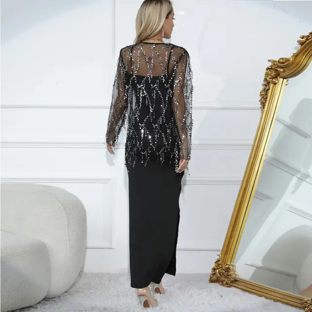 Women's Sequined Tassel Blouse Suspender Dress Two piece Set Black - Shop at LoveMi
