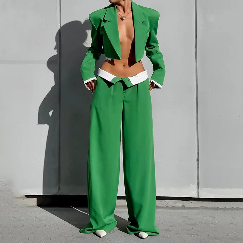 Buckle-free Crop-top Short Top Commuter Wide-leg Pants Suit - Green