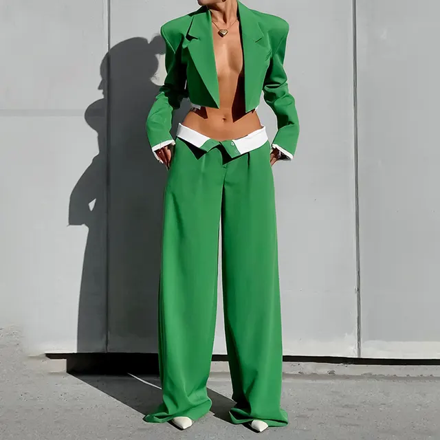 Buckle free Crop top Short Top Commuter Wide leg Pants Suit Green - Shop at LoveMi