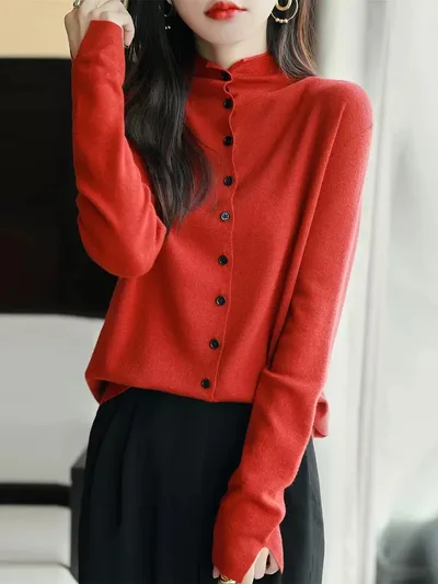 Women's Autumn Long Sleeve Thin Sweater Coat Cardigan Red - Shop at LoveMi