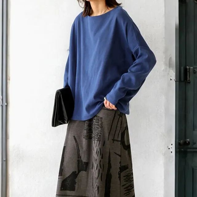 Autumn Women's Long sleeved T shirt Solid Color Loose Top Blue - Shop at LoveMi