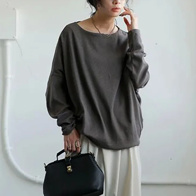 Autumn Women's Long sleeved T shirt Solid Color Loose Top Dark Gray - Shop at LoveMi
