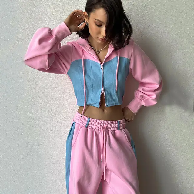Casual Contrast Color Long Sleeve Color Matching Cardigan Cap Sweatpants Two piece Set Pink And Blue Color Matching - Shop at LoveMi