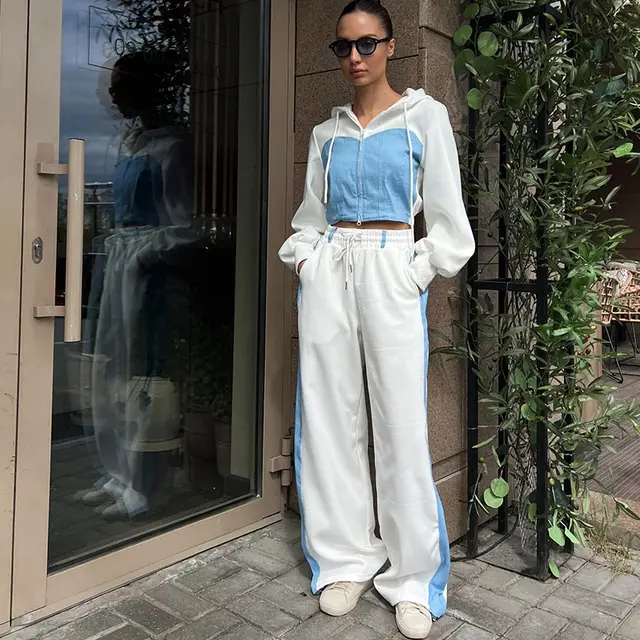 Casual Contrast Color Long Sleeve Color Matching Cardigan Cap Sweatpants Two piece Set White And Blue Color Matching - Shop at LoveMi