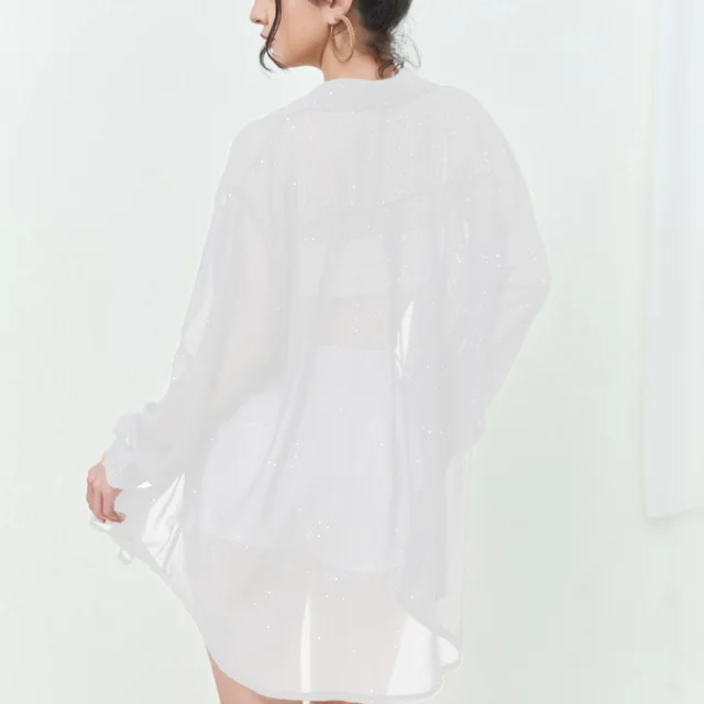 Women's Long Sleeve Thin Lapels Sequined Shirt Casual Shirt White - Shop at LoveMi