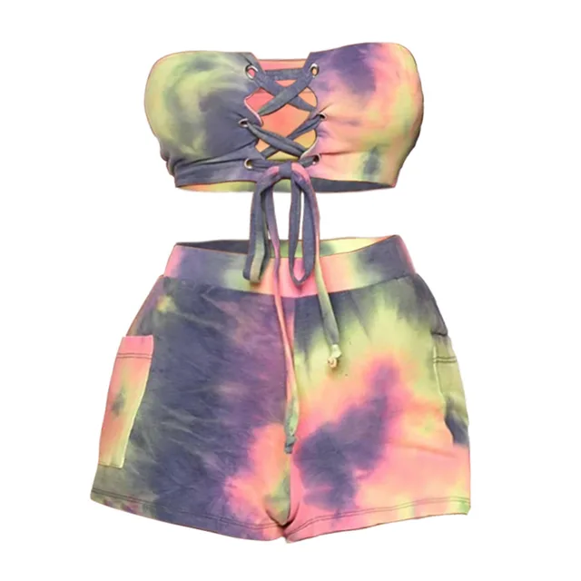 New Tie dye Printed Lace up Tube Top Shorts Suit Color - Shop at LoveMi