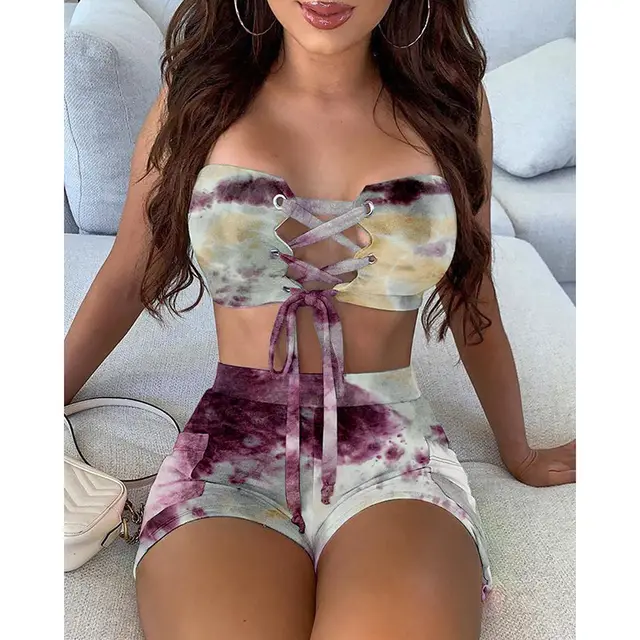 New Tie dye Printed Lace up Tube Top Shorts Suit Purple - Shop at LoveMi