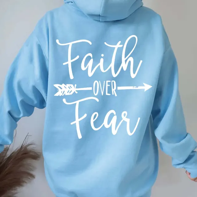 Plain Letter Printed Kangaroo Pocket Drawstring Women's Brushed Hoody Light Blue - Shop at LoveMi