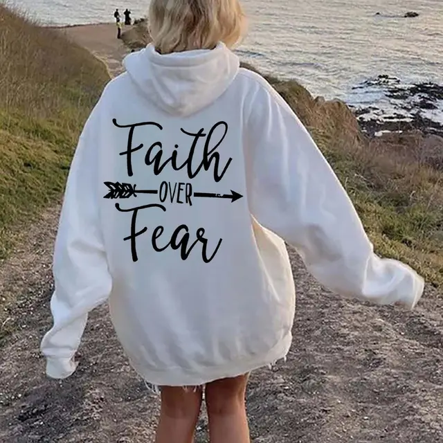 Plain Letter Printed Kangaroo Pocket Drawstring Women's Brushed Hoody White - Shop at LoveMi