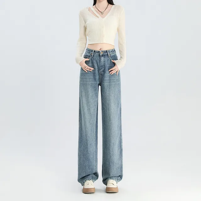 Women's Fashion Wide leg Retro Straight leg Pants Retro Blue - Shop at LoveMi