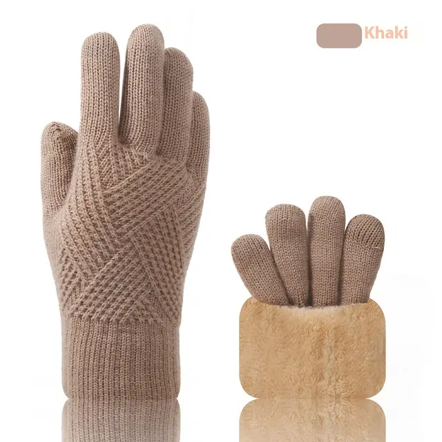 Double Layer Fleece lined Thick Windproof Thermal Touch Screen Gloves A68 Khaki - Shop at LoveMi