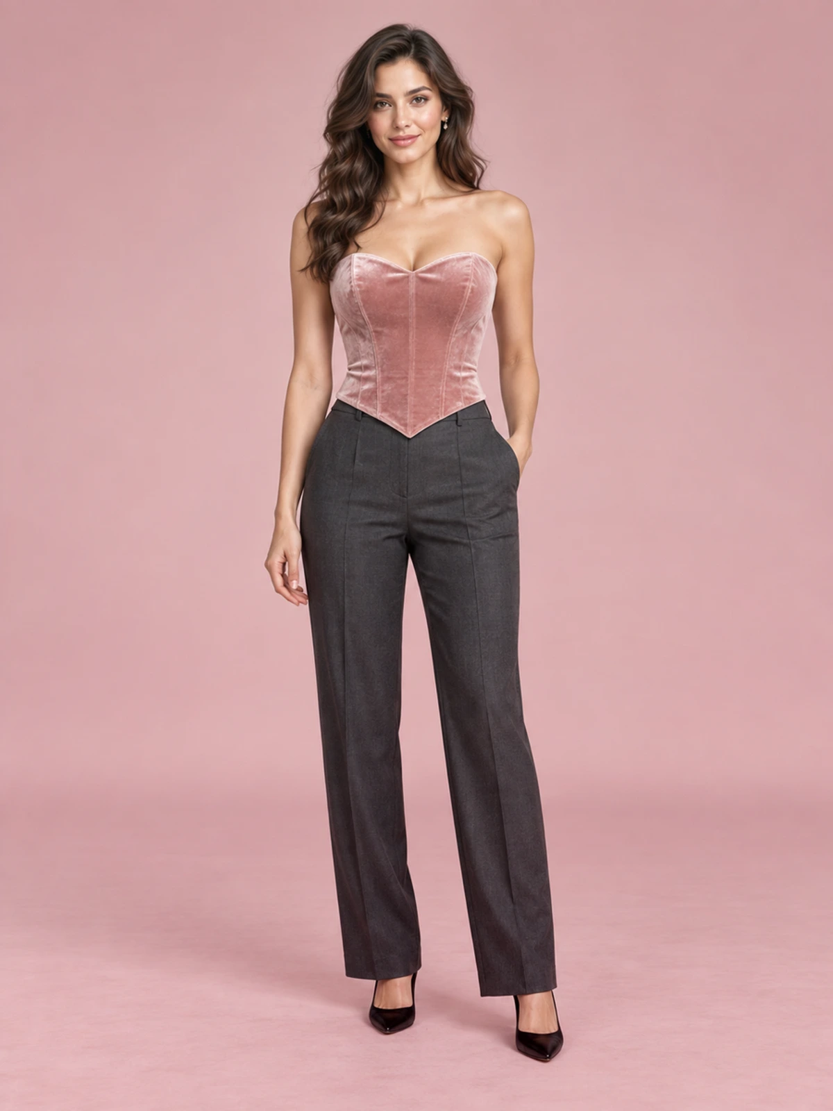 Real Velvet Spaghetti Straps Outerwear Fishbone Corset Solid Color - Pink
