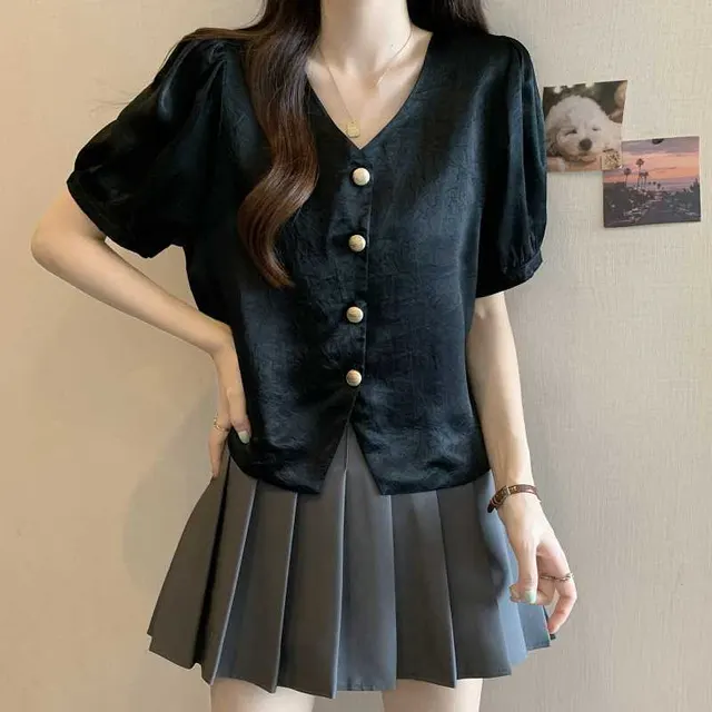 Women's Korean style V neck Solid Color Acetate Shirt With Short Sleeves Black - Shop at LoveMi
